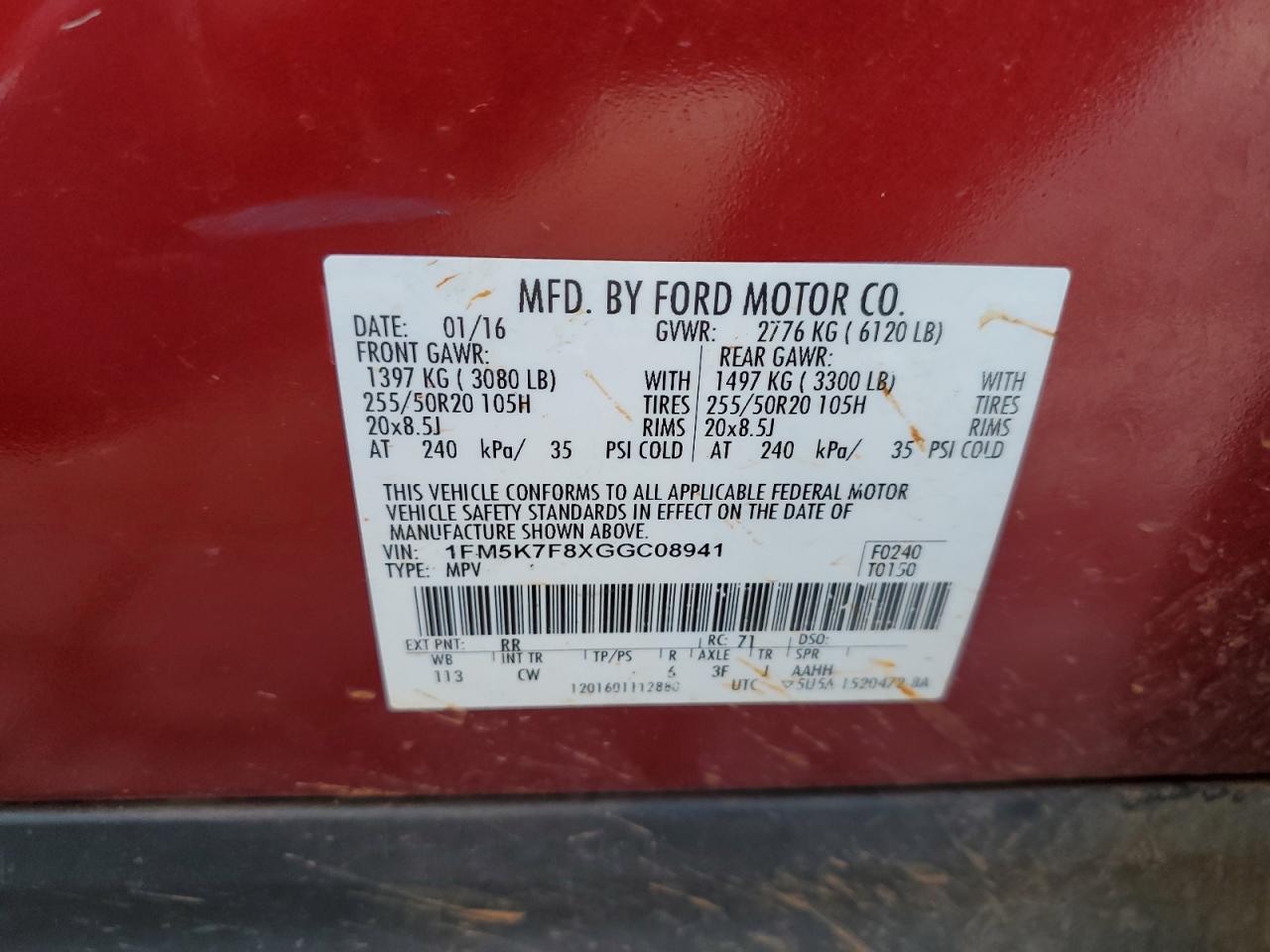 2016 Ford Explorer VIN 1FM5K7F8XGGC08941 Copart auction photo, side / minor dent/scratches damage thumbnail 12