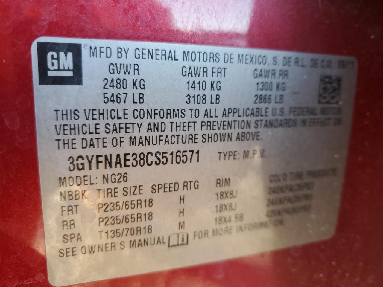 2012 Cadillac SRX VIN 3GYFNAE38CS516571 Copart auction photo, front end / rear end damage thumbnail 16