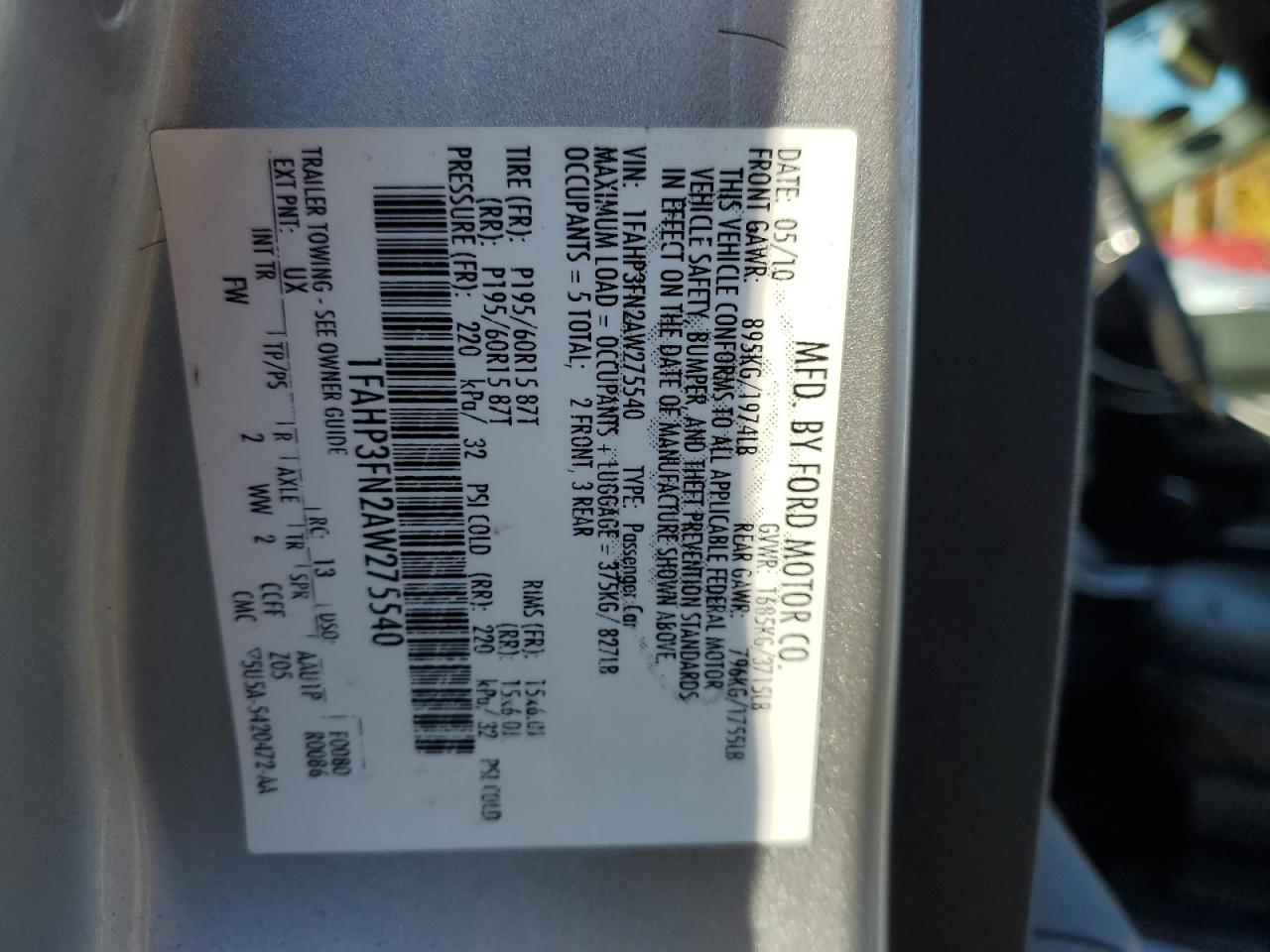 2010 Ford Focus VIN 1FAHP3FN2AW275540 Copart auction photo, all over damage thumbnail 12