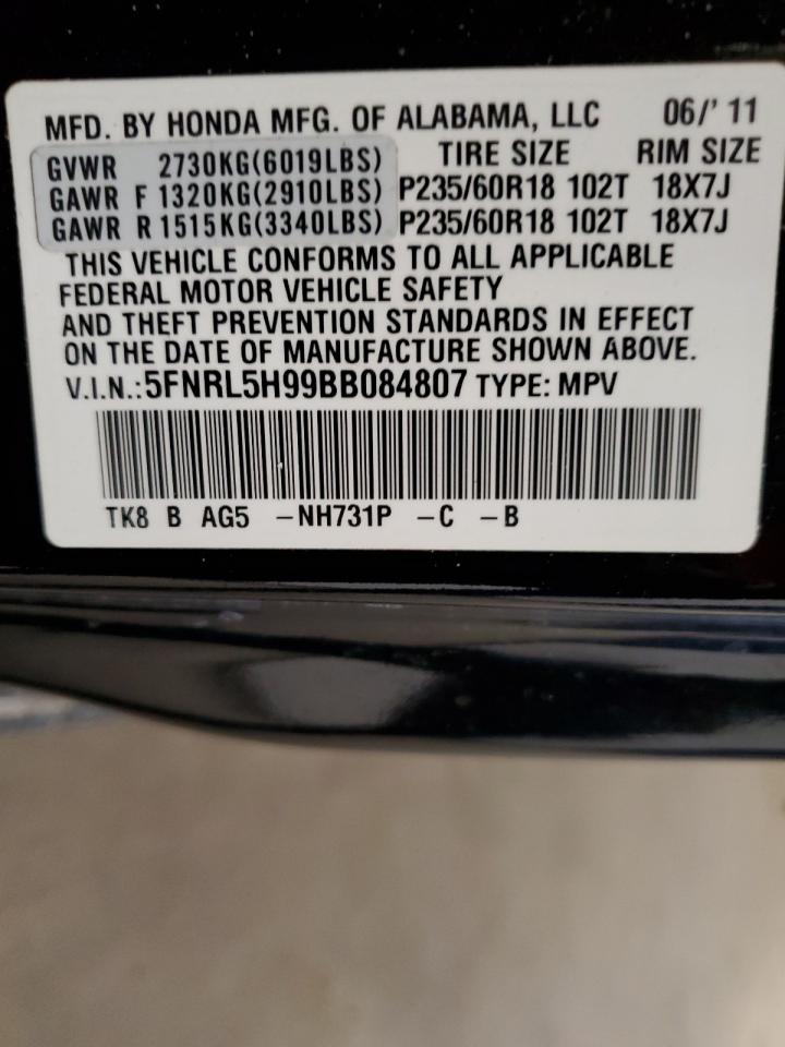2011 Honda Odyssey VIN 5FNRL5H99BB084807 Copart auction photo, rear end damage thumbnail 15