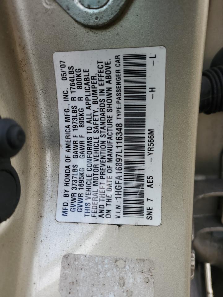 2007 Honda Civic VIN 1HGFA16897L116348 Copart auction photo, rear end / minor dent/scratches damage thumbnail 12