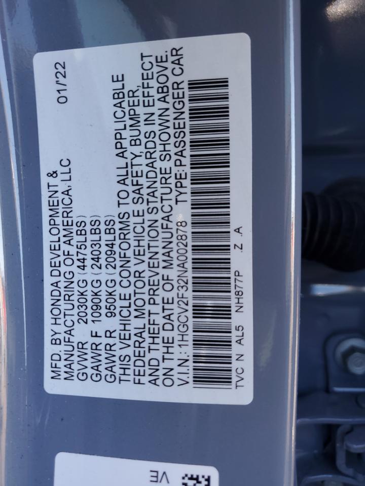 2022 Honda Accord VIN 1HGCV2F32NA002878 Copart auction photo, front end damage thumbnail 13