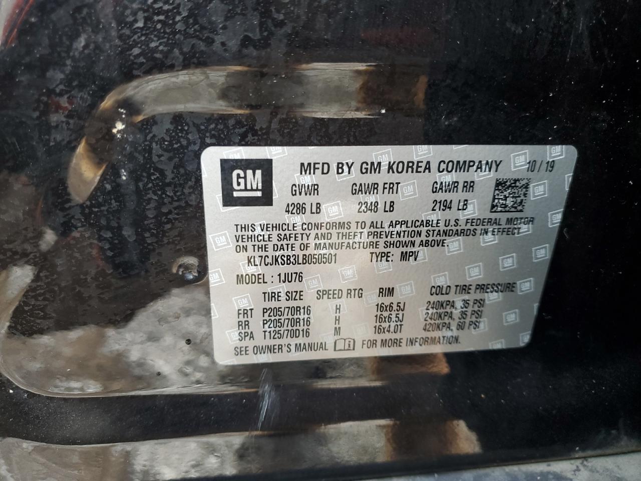 2020 Chevrolet Trax VIN KL7CJKSB3LB050501 Copart auction photo, rollover damage thumbnail 16