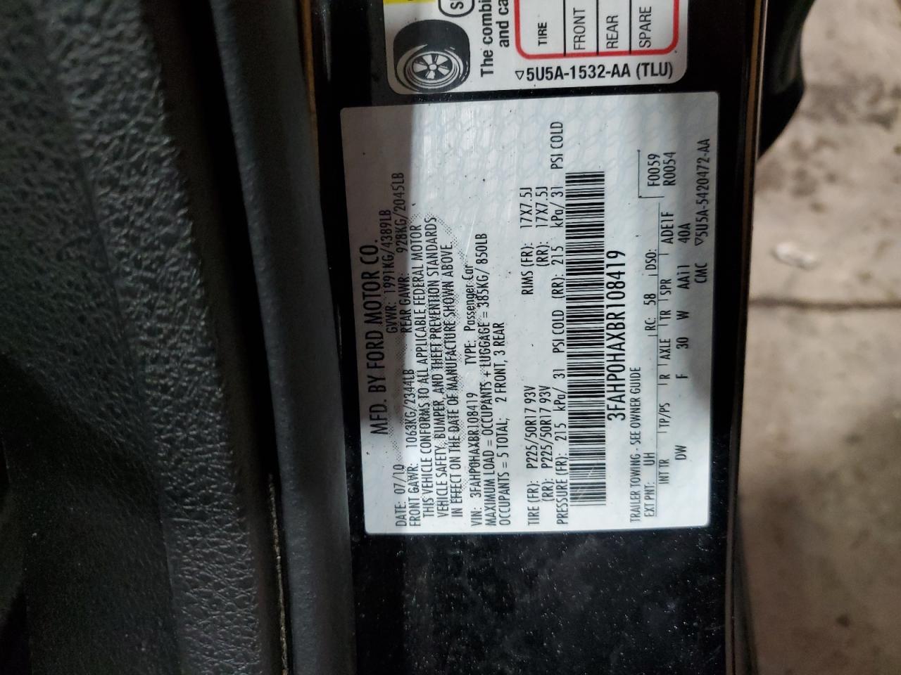 2011 Ford Fusion VIN 3FAHP0HAXBR108419 Copart auction photo, vandalism damage thumbnail 12