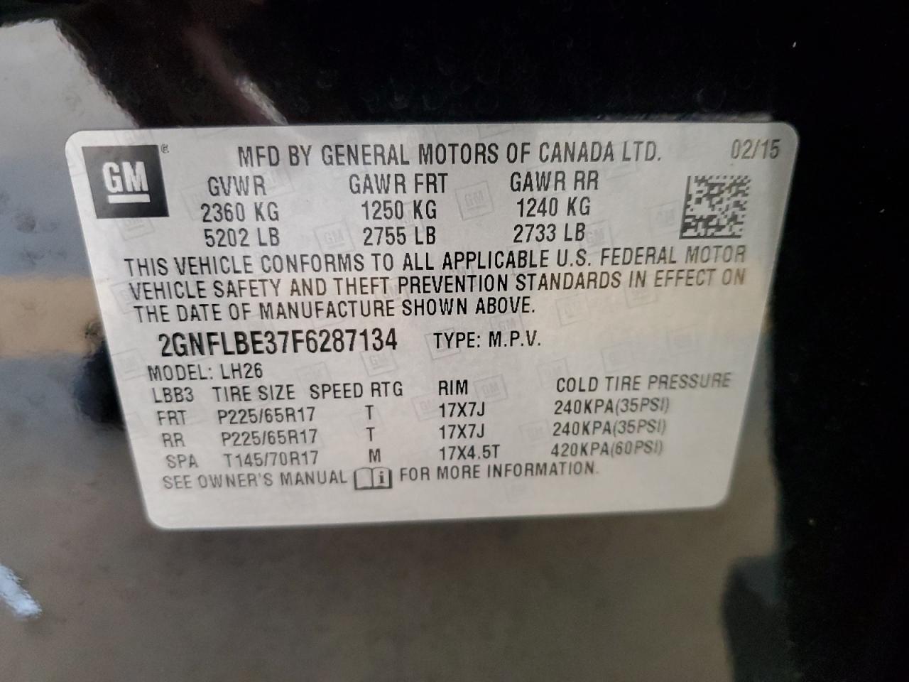2015 Chevrolet Equinox VIN 2GNFLBE37F6287134 Copart auction photo, front end damage thumbnail 13