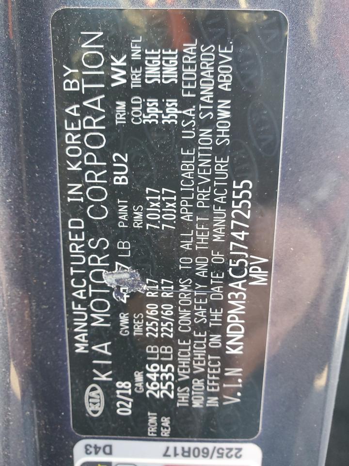 2018 KIA Sportage VIN KNDPM3AC5J7472555 Copart auction photo, side damage thumbnail 14