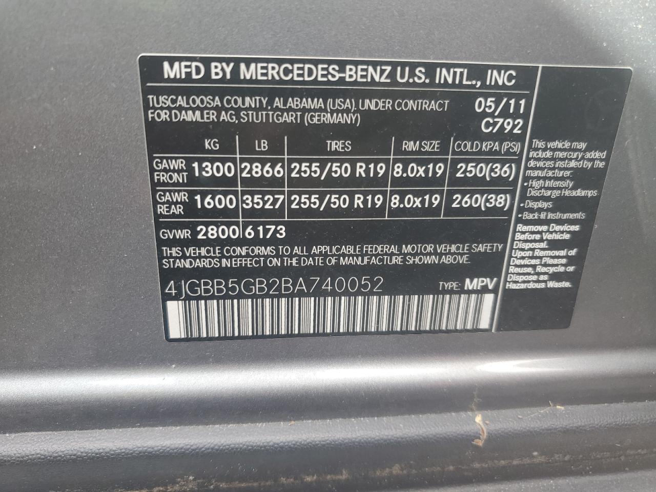 2011 Mercedes-Benz M-klasse VIN 4JGBB5GB2BA740052 Copart auction photo, water/flood damage thumbnail 14