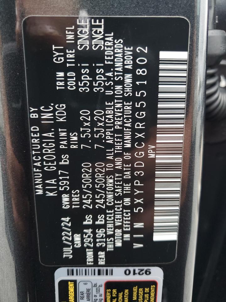 2024 KIA Telluride VIN 5XYP3DGCXRG551802 Copart auction photo, water/flood damage thumbnail 14