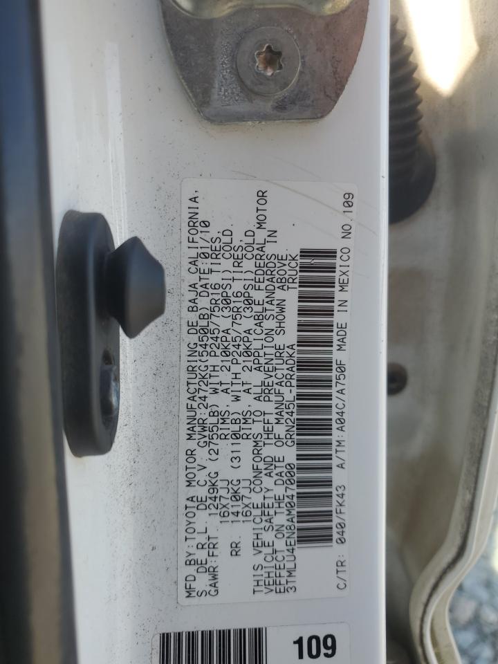 2010 Toyota Tacoma VIN 3TMLU4EN8AM047000 Copart auction photo, side / rear end damage thumbnail 14