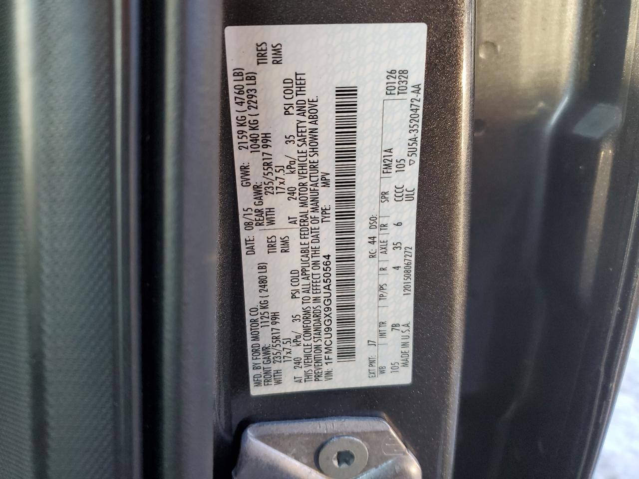 2016 Ford Escape VIN 1FMCU9GX9GUA50564 Copart auction photo, undercarriage damage thumbnail 12