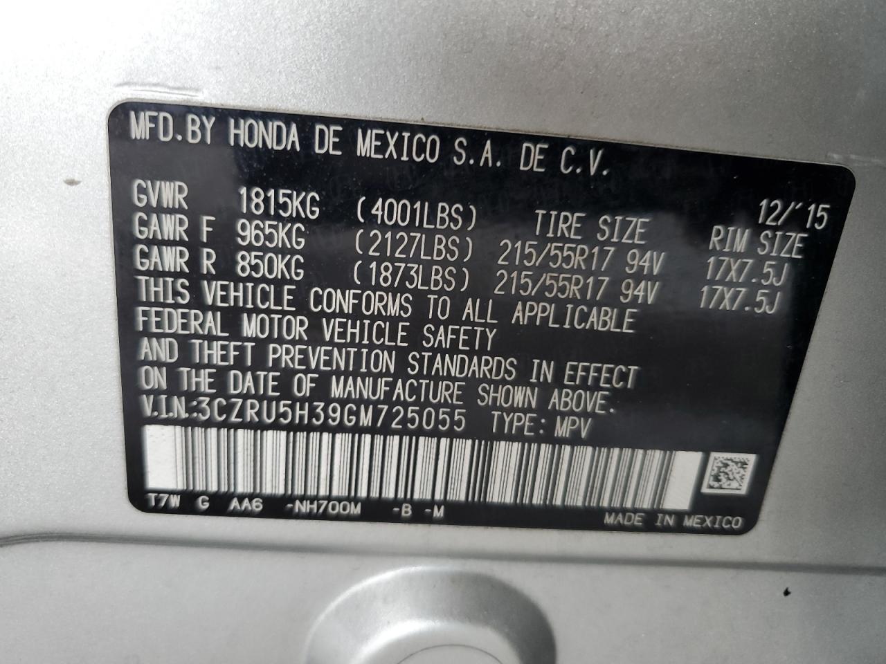 2016 Honda HR-V VIN 3CZRU5H39GM725055 Copart auction photo, front end damage thumbnail 13