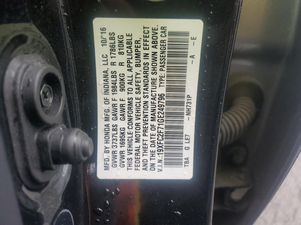 2016 Honda Civic VIN 19XFC2F71GE249796 Copart auction photo, front end damage thumbnail 13
