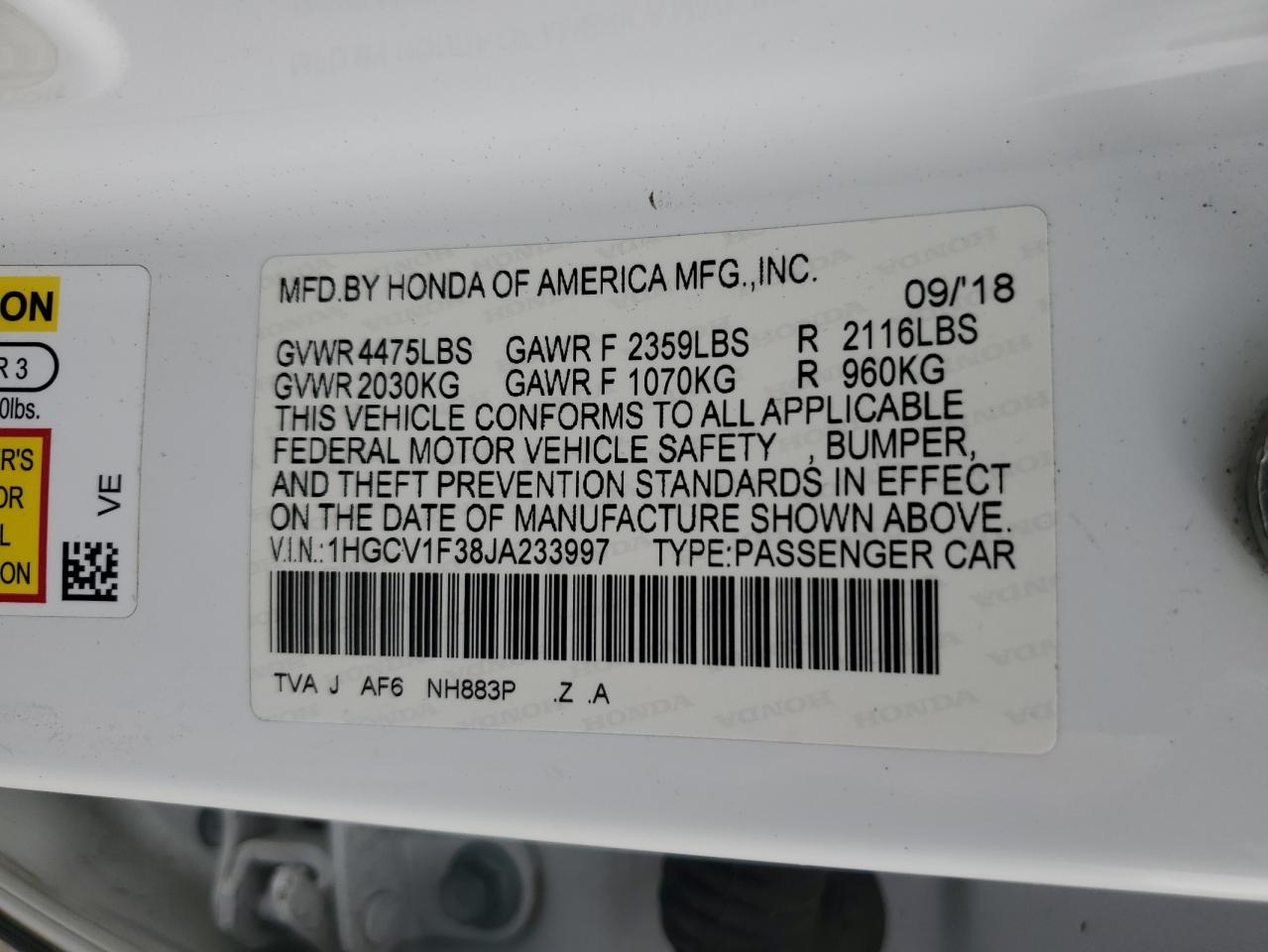2018 Honda Accord VIN 1HGCV1F38JA233997 Copart auction photo, front end damage thumbnail 12