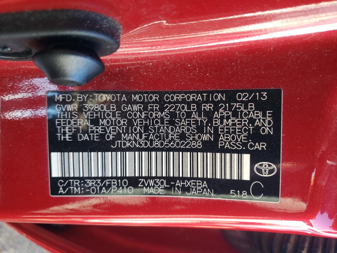 2013 Toyota Prius VIN JTDKN3DU8D5602288 Copart auction photo, front end / minor dent/scratches damage thumbnail 13