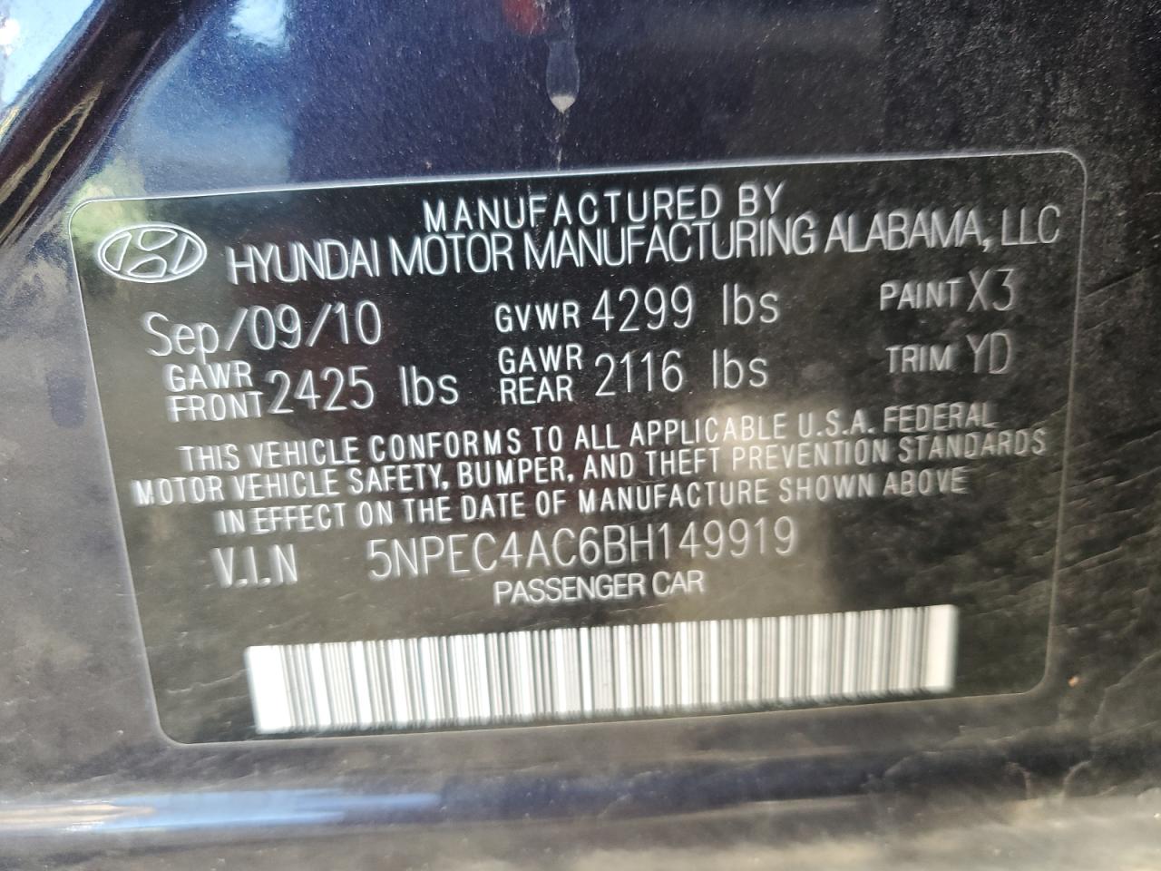 2011 Hyundai Sonata VIN 5NPEC4AC6BH149919 Copart auction photo, minor dent/scratches / mechanical damage thumbnail 12