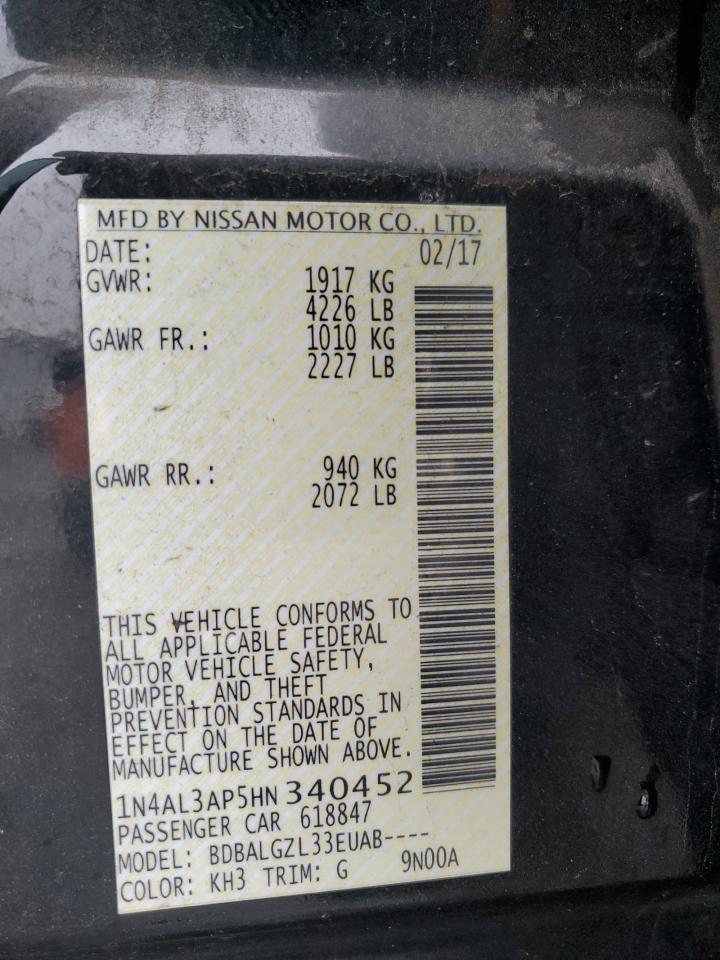 2017 Nissan Altima VIN 1N4AL3AP5HN340452 Copart auction photo, rear end / minor dent/scratches damage thumbnail 12