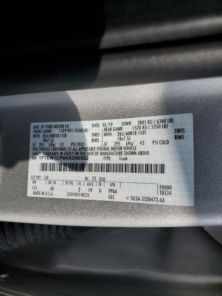 2019 Ford F-150 VIN 1FTEW1CP6KKD90502 Copart auction photo, front end / minor dent/scratches damage thumbnail 13