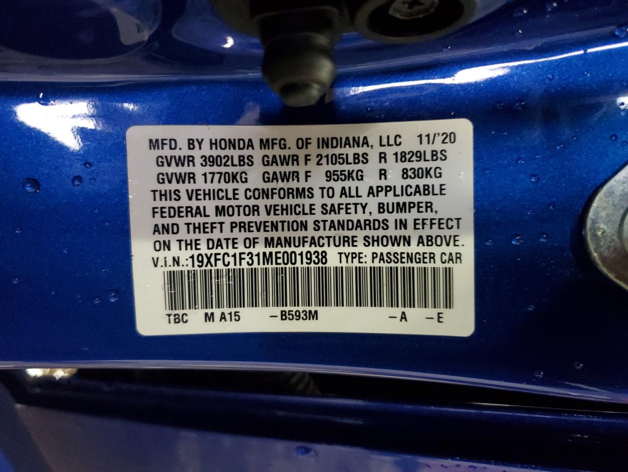 2021 Honda Civic VIN 19XFC1F31ME001938 Copart auction photo, front end / rear end damage thumbnail 14
