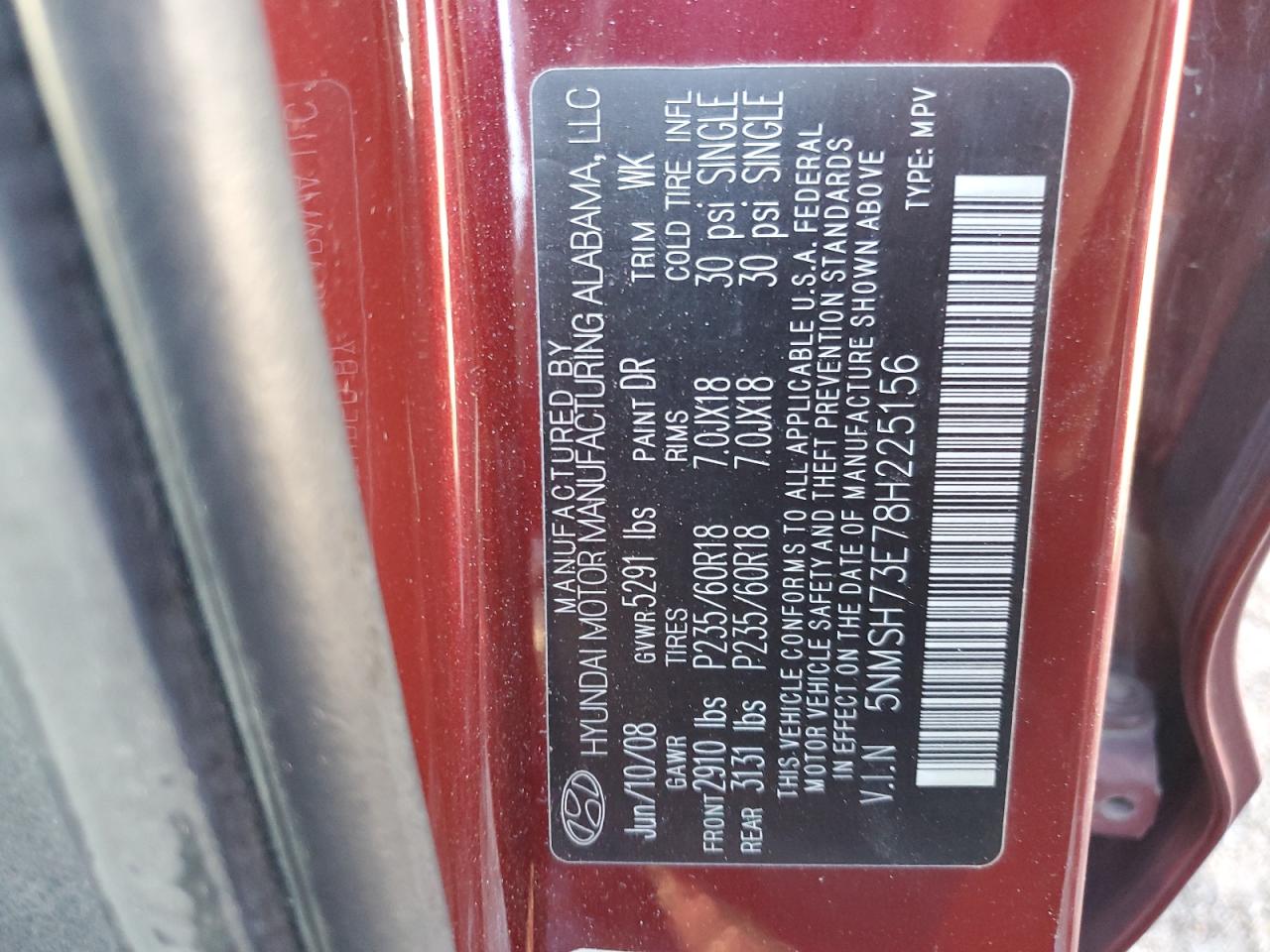 2008 Hyundai Santa Fe VIN 5NMSH73E78H225156 Copart auction photo, rear end damage thumbnail 13