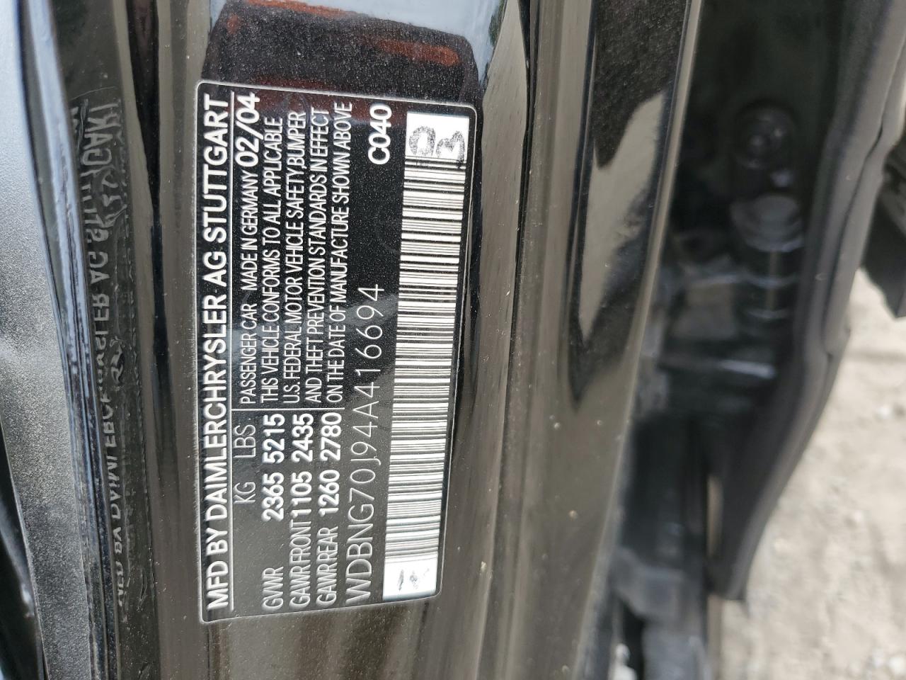 2004 Mercedes-Benz S-klasse VIN WDBNG70J94A416694 Copart auction photo, all over damage thumbnail 12