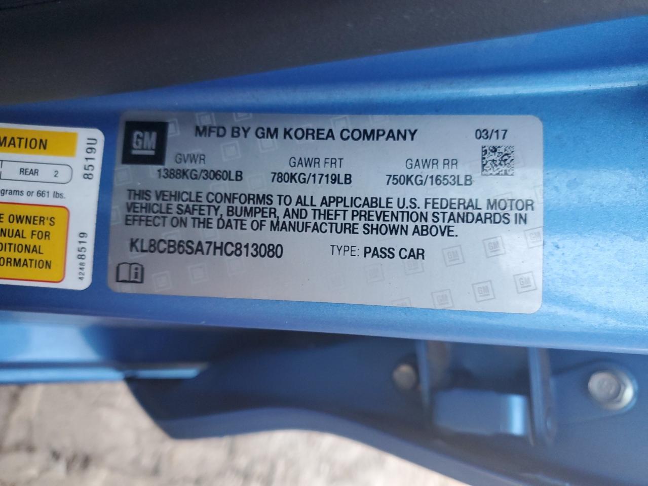 2017 Chevrolet Spark VIN KL8CB6SA7HC813080 Copart auction photo, water/flood damage thumbnail 13