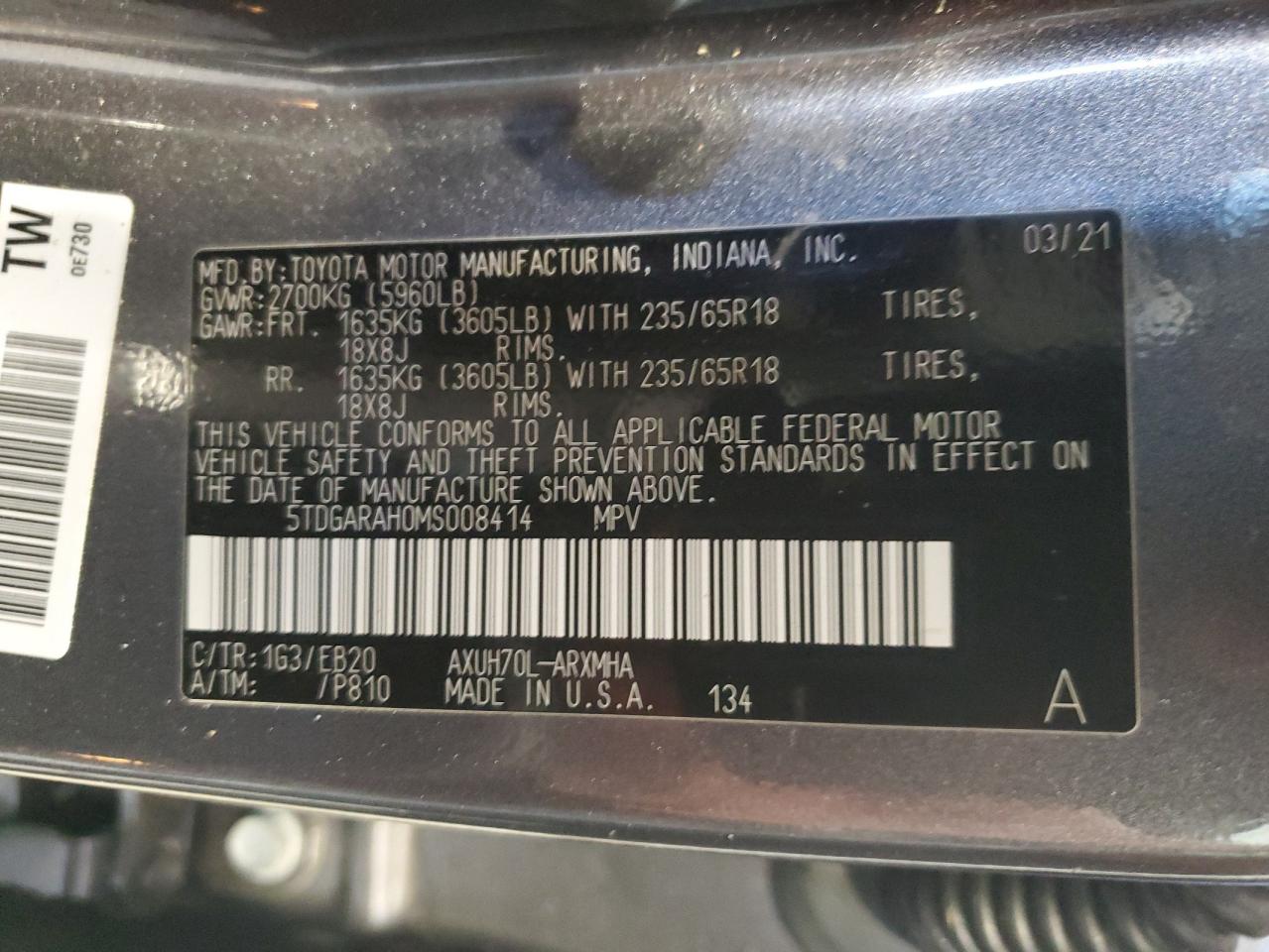 2021 Toyota Highlander VIN 5TDGARAH0MS008414 Copart auction photo, front end damage thumbnail 13