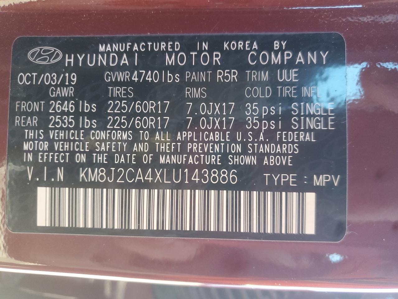 2020 Hyundai Tucson VIN KM8J2CA4XLU143886 Copart auction photo, front end / minor dent/scratches damage thumbnail 16