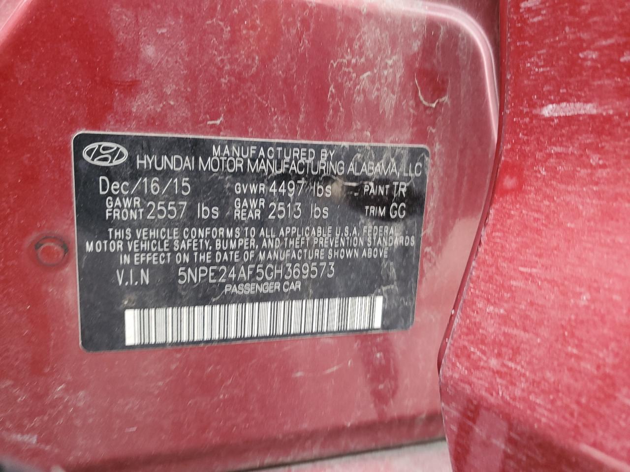 2016 Hyundai Sonata VIN 5NPE24AF5GH369573 Copart auction photo, rear end / undercarriage damage thumbnail 12