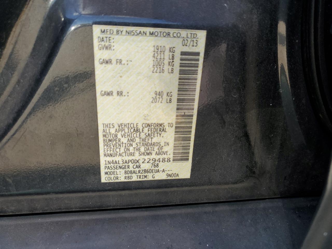 2013 Nissan Altima VIN 1N4AL3AP0DC229488 Copart auction photo, front end / rear end damage thumbnail 13