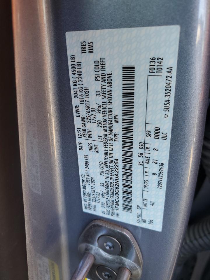 2022 Ford Escape VIN 1FMCU9G62NUA22254 Copart auction photo, rear end damage thumbnail 15
