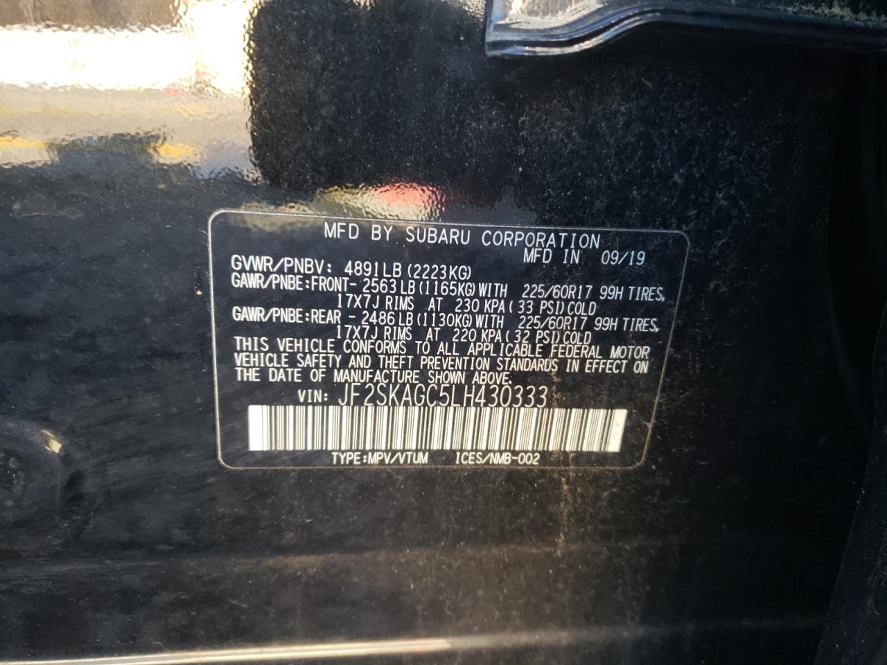 2020 Subaru Forester VIN JF2SKAGC5LH430333 Copart auction photo, front end damage thumbnail 13