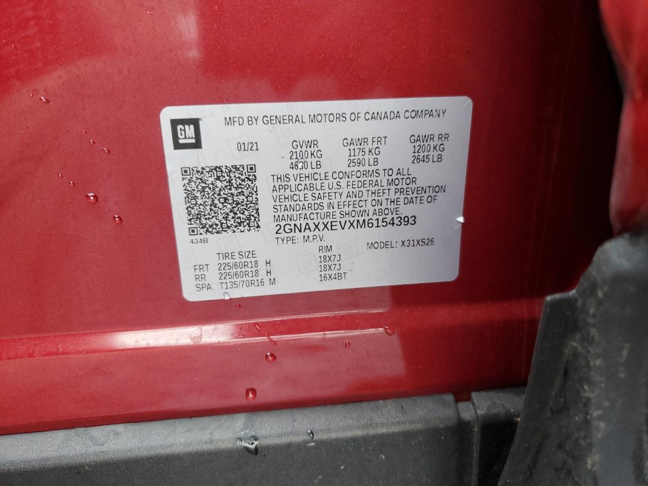 2021 Chevrolet Equinox VIN 2GNAXXEVXM6154393 Copart auction photo, front end damage thumbnail 15