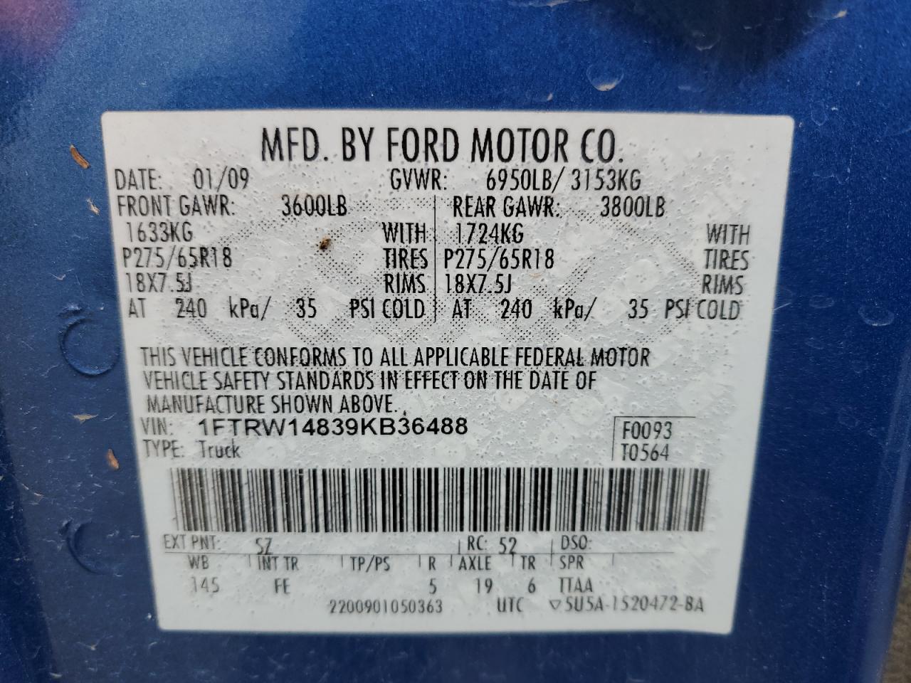 2009 Ford F-150 VIN 1FTRW14839KB36488 Copart auction photo, rear end / front end damage thumbnail 12