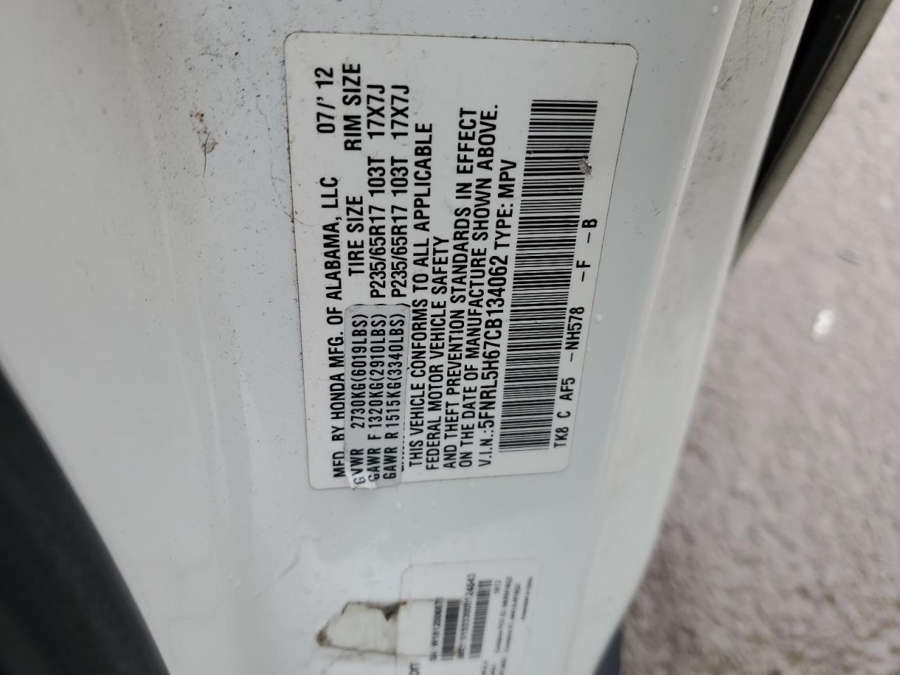 2012 Honda Odyssey VIN 5FNRL5H67CB134062 Copart auction photo, front end damage thumbnail 15