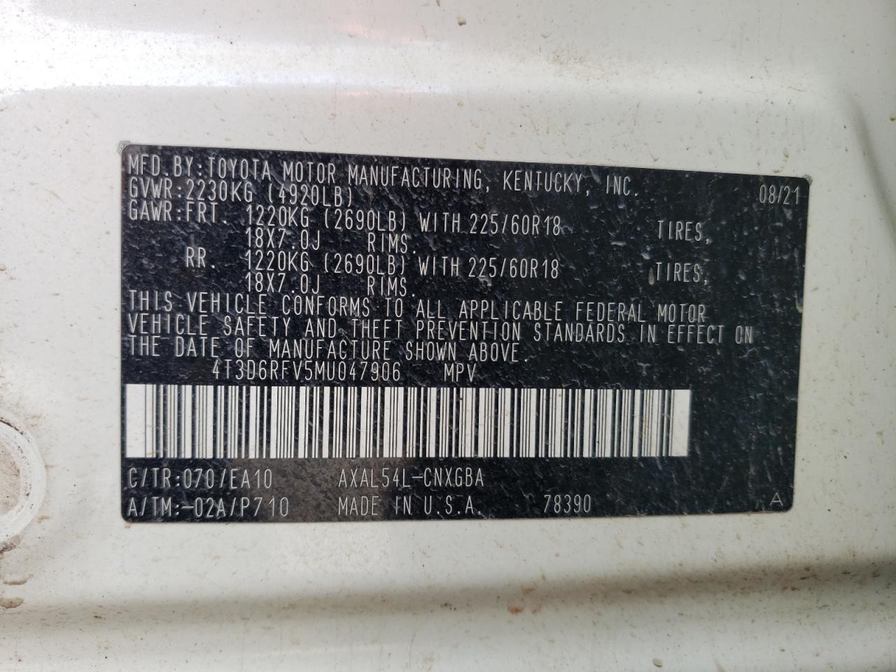 2021 Toyota RAV 4 VIN 4T3D6RFV5MU047906 Copart auction photo, front end / side damage thumbnail 13