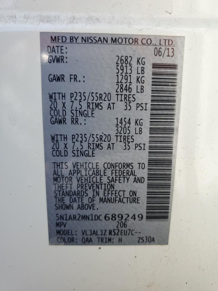 2013 Nissan Pathfinder VIN 5N1AR2MN1DC689249 Copart auction photo, front end damage thumbnail 15