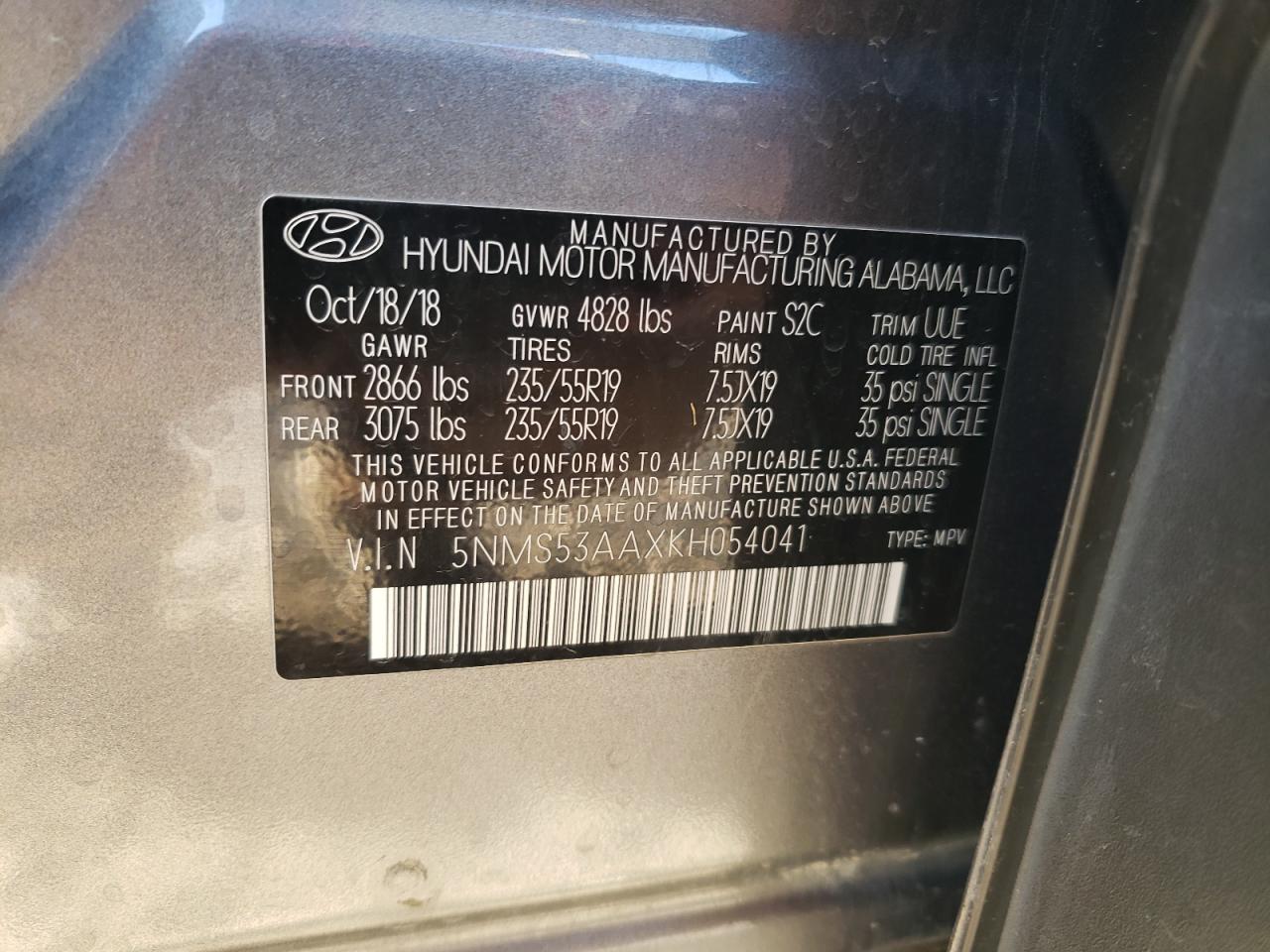 2019 Hyundai Santa Fe VIN 5NMS53AAXKH054041 Copart auction photo, front end / minor dent/scratches damage thumbnail 13
