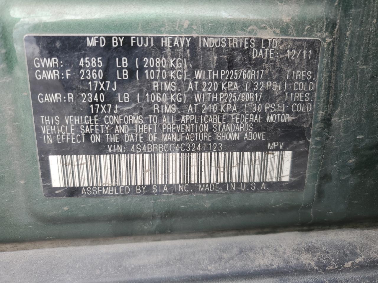 2012 Subaru Outback VIN 4S4BRBCC4C3241123 Copart auction photo, front end damage thumbnail 13