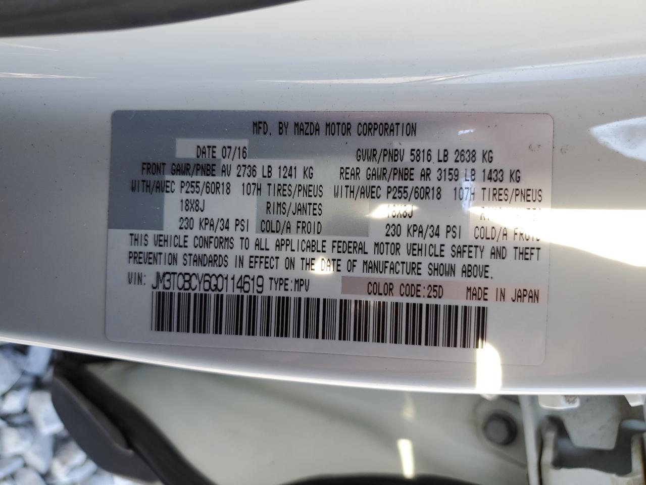 2016 Mazda CX-9 VIN JM3TCBCY6G0114619 Copart auction photo, minor dent/scratches damage thumbnail 13