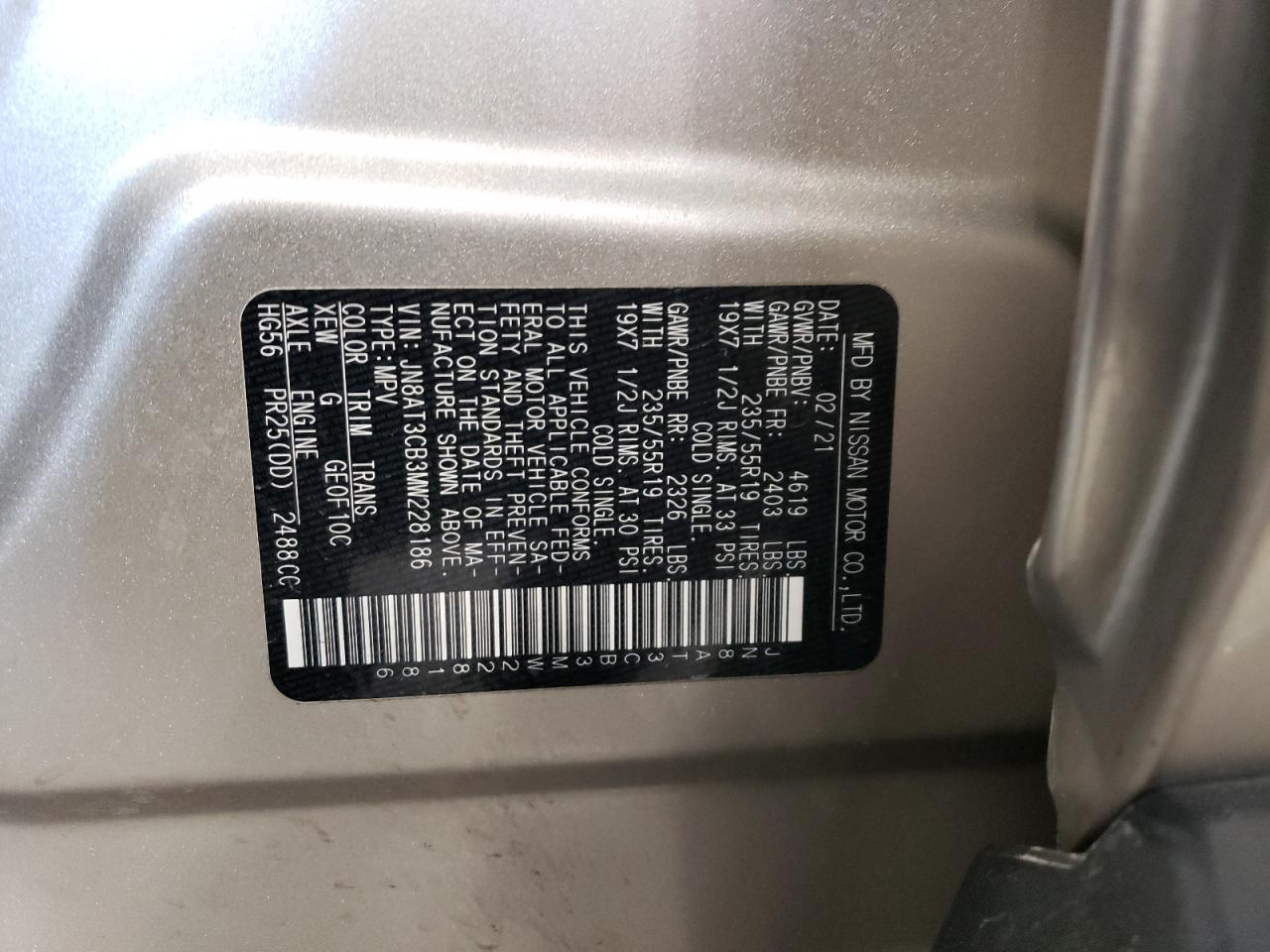 2021 Nissan Rogue VIN JN8AT3CB3MW228186 Copart auction photo, rear end damage thumbnail 15