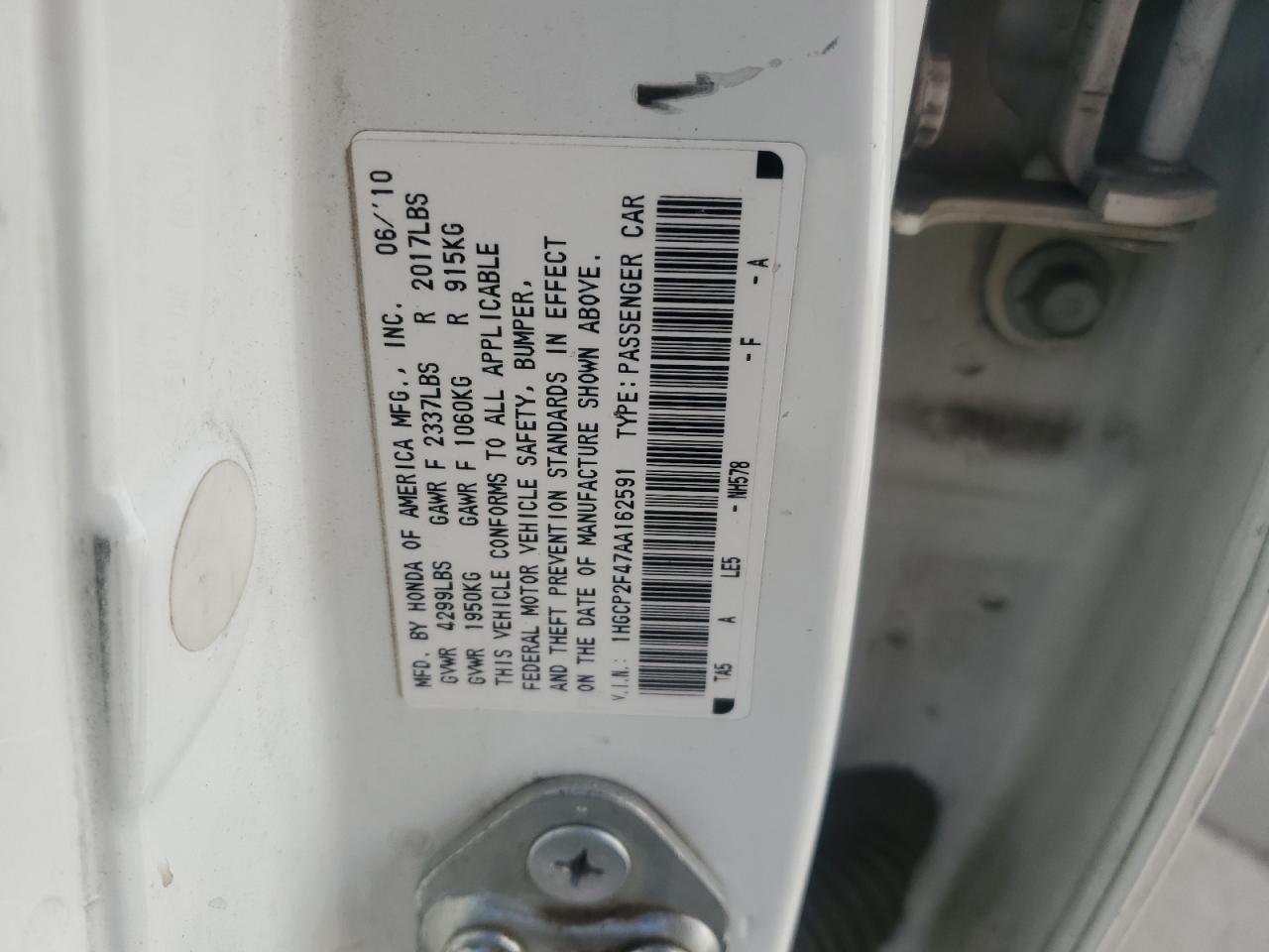 2010 Honda Accord VIN 1HGCP2F47AA162591 Copart auction photo, rear end damage thumbnail 12