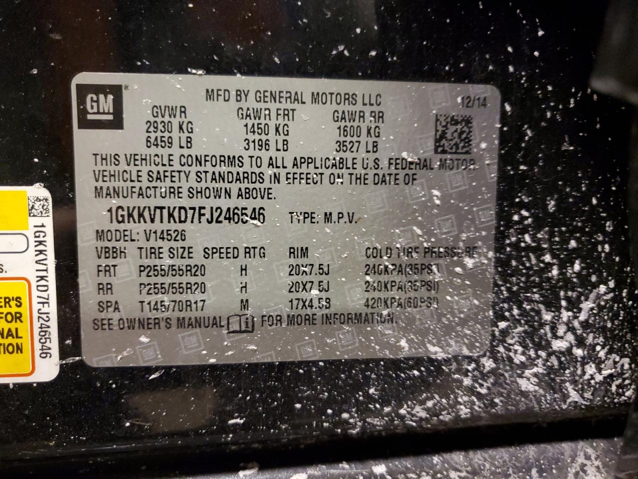 2015 GMC Acadia VIN 1GKKVTKD7FJ246546 Copart auction photo, front end damage thumbnail 16