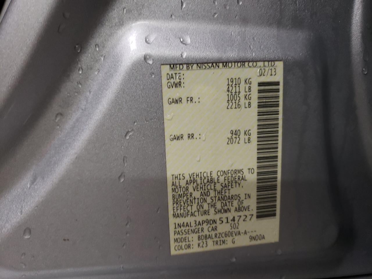 2013 Nissan Altima VIN 1N4AL3AP9DN514727 Copart auction photo, rear end / mechanical damage thumbnail 12