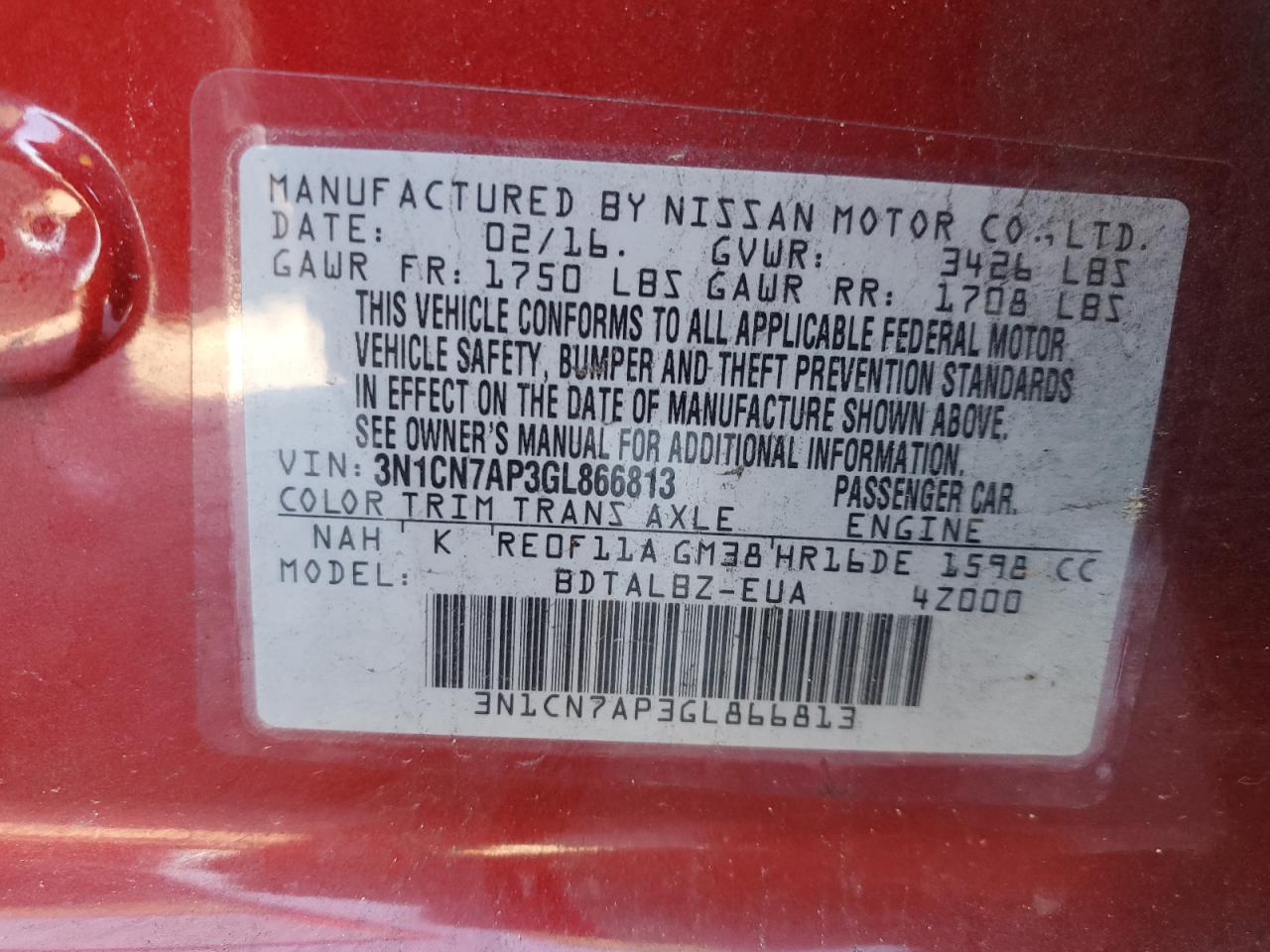 2016 Nissan Versa VIN 3N1CN7AP3GL866813 Copart auction photo, side / mechanical damage thumbnail 14