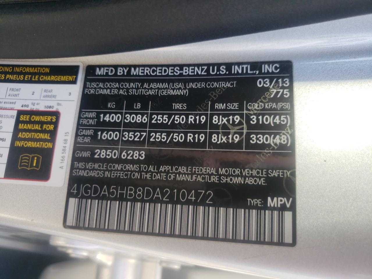 2013 Mercedes-Benz M-klasse VIN 4JGDA5HB8DA210472 Copart auction photo, front end damage thumbnail 15