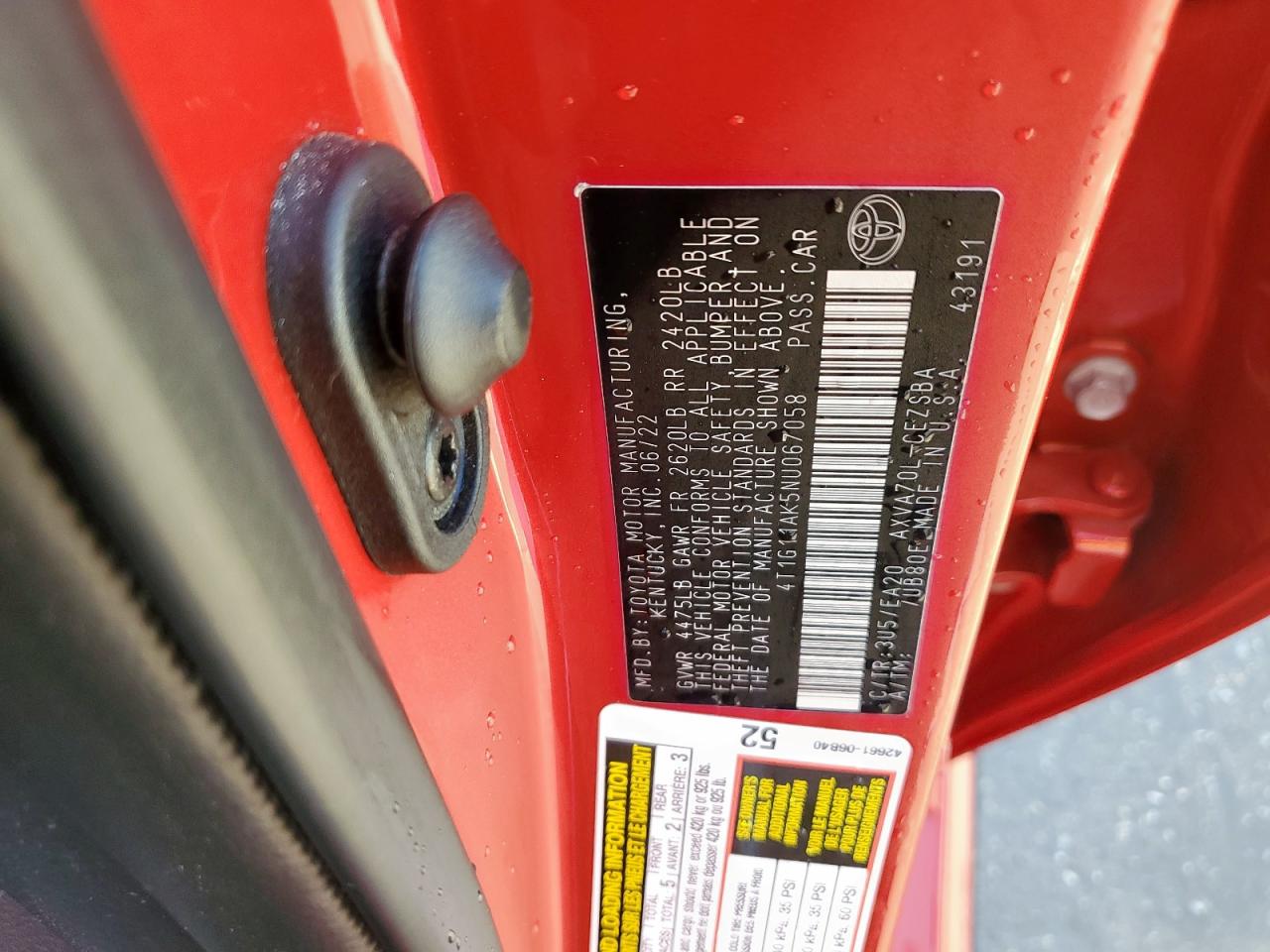 2022 Toyota Camry VIN 4T1G11AK5NU067058 Copart auction photo, rear end damage thumbnail 12