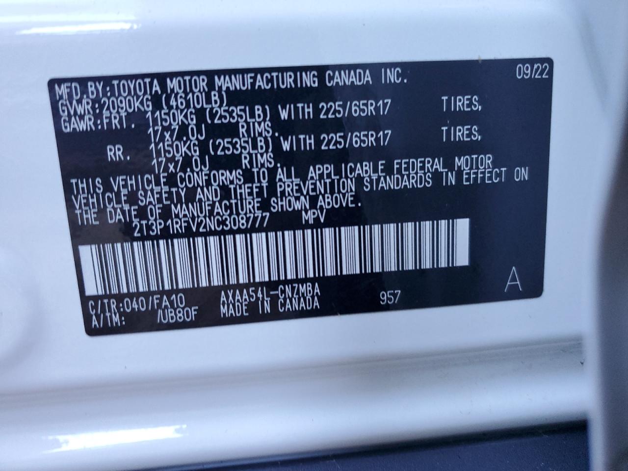 2022 Toyota RAV 4 VIN 2T3P1RFV2NC308777 Copart auction photo, front end damage thumbnail 13