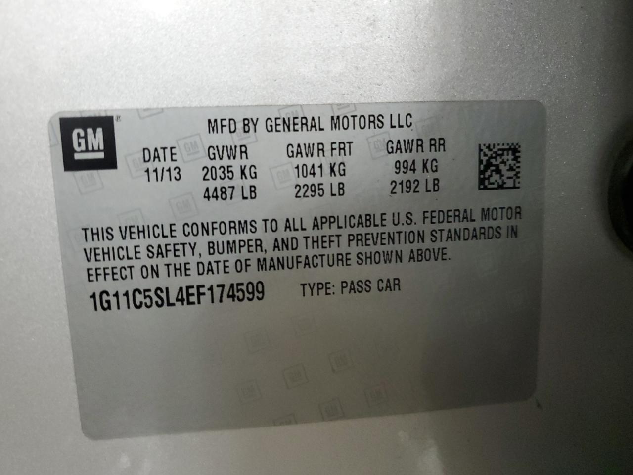 2014 Chevrolet Malibu VIN 1G11C5SL4EF174599 Copart auction photo, front end / minor dent/scratches damage thumbnail 13