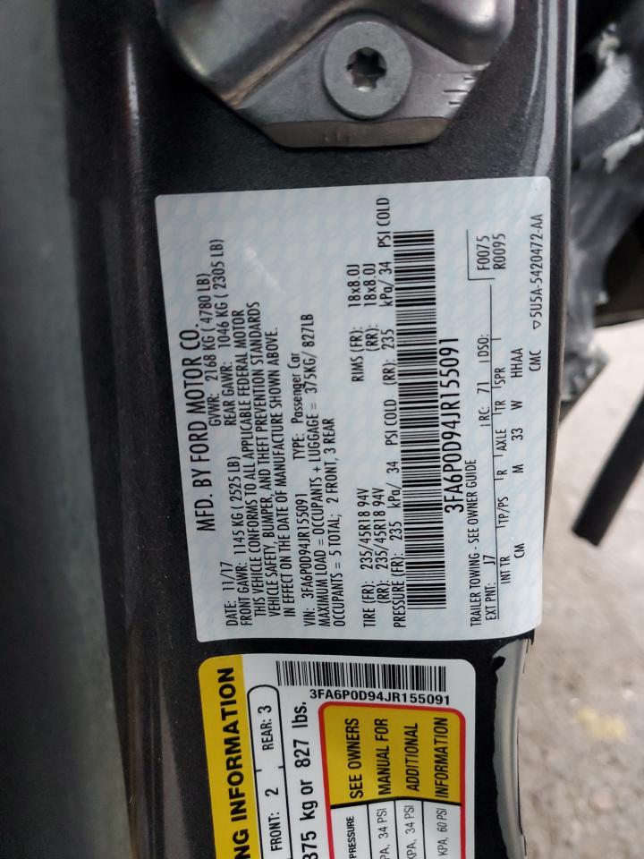 2018 Ford Fusion VIN 3FA6P0D94JR155091 Copart auction photo, side / rear end damage thumbnail 14