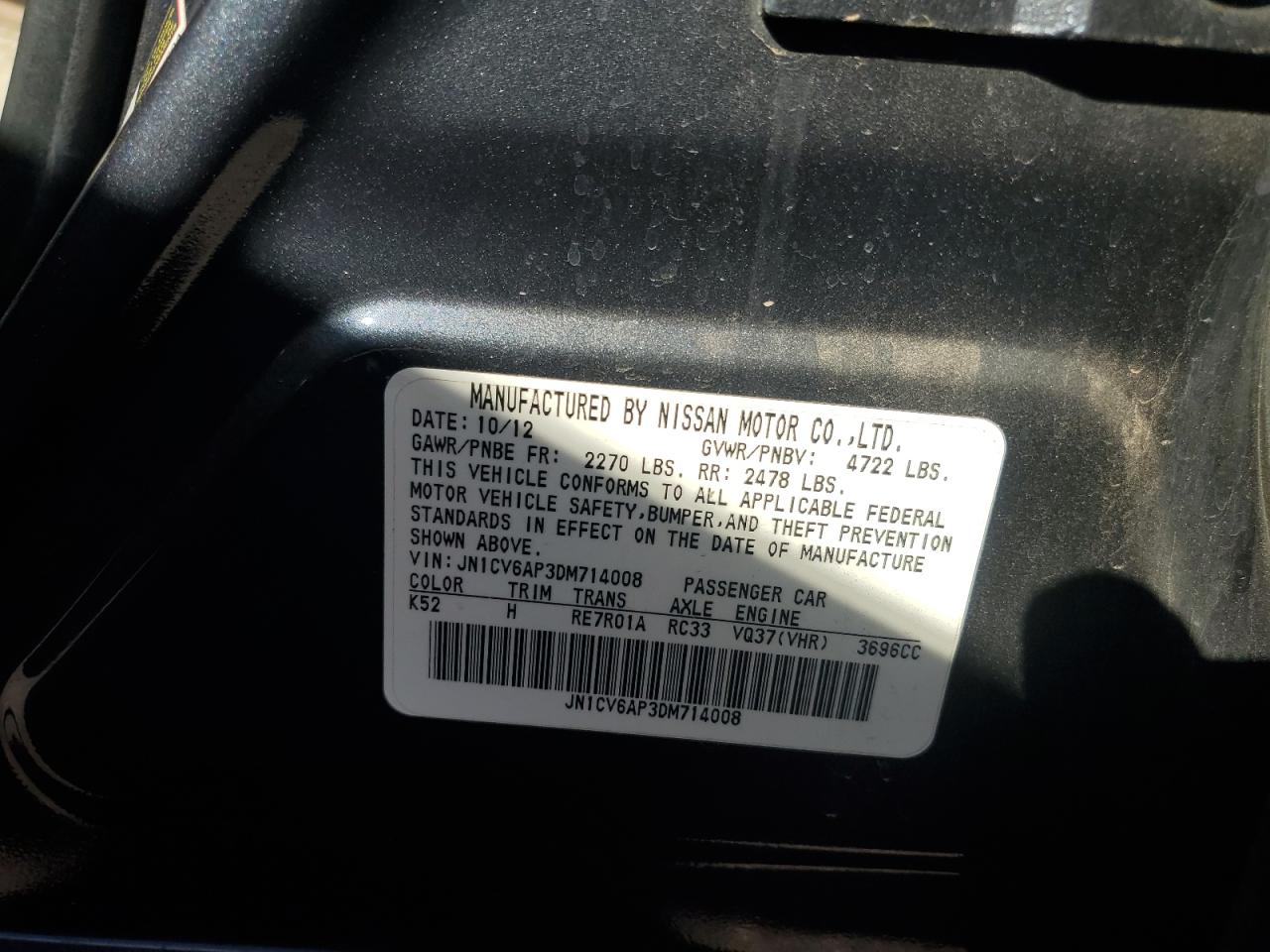 2013 Infiniti G VIN JN1CV6AP3DM714008 Copart auction photo, rear end damage thumbnail 12